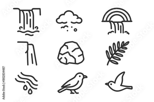 Waterfall Icon Collection. Line style icons of Waterfall: Plunge Pool, Mist, Rainbow, Cliff Face, Rock, Fern, Flowing Water, Bird,