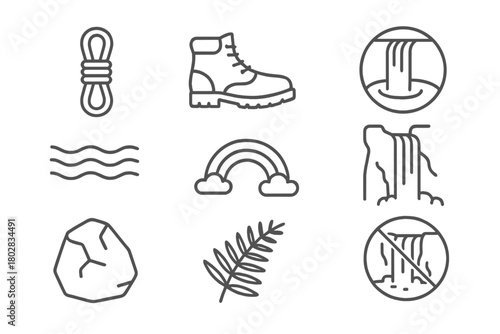 Waterfall Adventure Icons. Line style icons of Adventure Waterfall: Rope, Hiking Boots, Plunge Pool, Mist, Rainbow, Cliff Face,