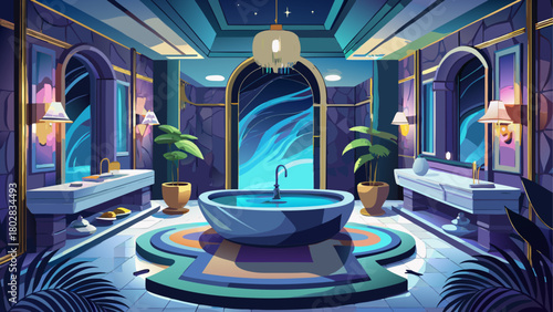 Ultra-detailed photorealistic of an opulent nighttime bathroom retreat, built with dark grey marble, reflective surfaces, soft ambient glows, and a dramatic spa-like mood