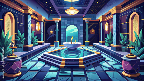 Ultra-detailed photorealistic of an opulent nighttime bathroom retreat, built with dark grey marble, reflective surfaces, soft ambient glows, and a dramatic spa-like mood