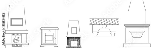 Vector elevation set of various fireplace and chimney designs, including mantels and hearths, for architectural plans.