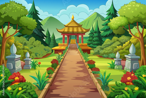 Peaceful temple path surrounded by lush greenery and beautiful gardens, peaceful spiritual atmosphere, peaceful environment in nature, harmonious cultural landscape and ideal for travel, health and me
