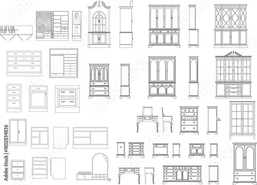 Vector elevation set of ornate storage furniture: cabinets, dressers, armoires, and vanity tables for classical interiors.