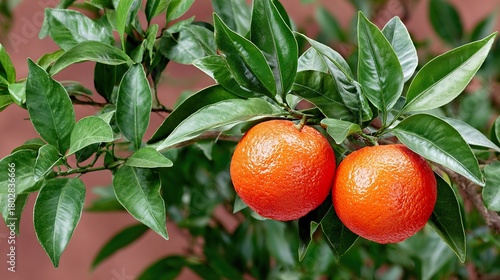 Oranges hanging on the tree, green leaves, background, close-up.
