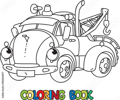 Funny retro tow truck with eyes. Coloring book