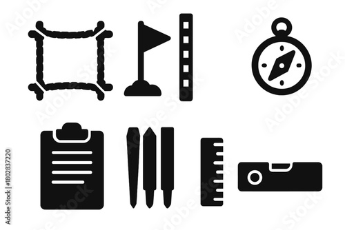 Archaeological Dig Icons. Solid style icons of dig site grids: rope grid, marker flag, measuring rod, compass, clipboard, stakes,