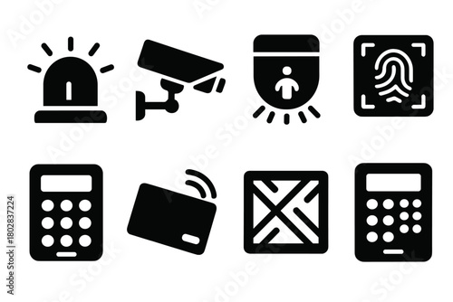 Security System Icons. Solid style icons of Security Systems: alarm siren, CCTV camera, motion sensor, biometric scanner, keypad,