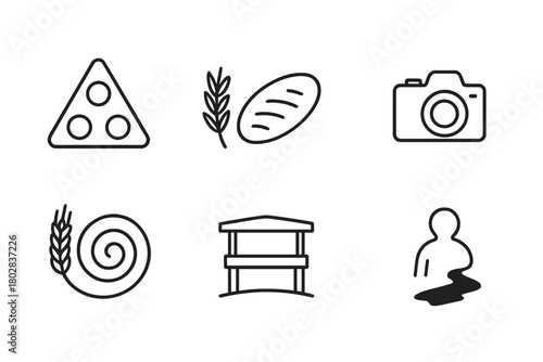 Crop Circle Icons. Line style icons of Crop Circle: Triangle Formation, Flattened Oats, Camera, Tape Measure, Wheat Spiral,