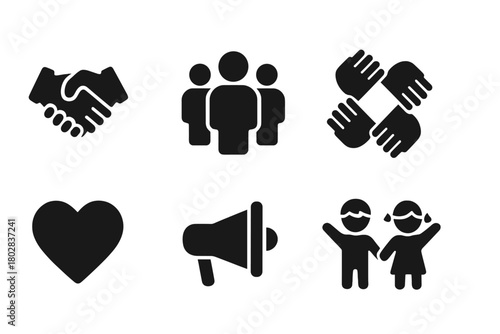 Community Support Icons. Solid style icons of community support: handshake, group of people, circle of hands, open hands, heart,