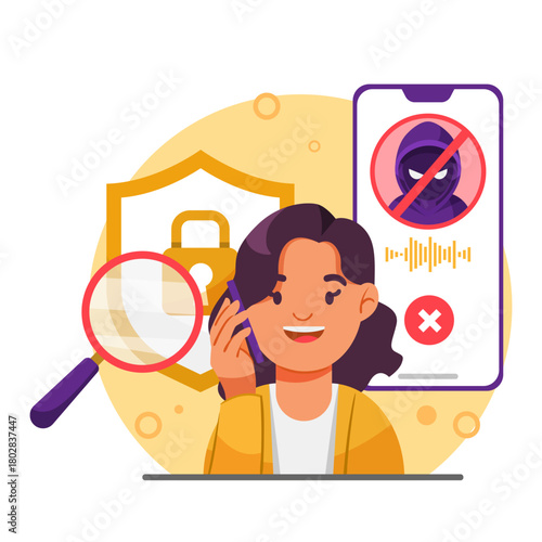 Woman talking on phone with scam alert on smartphone, shield and magnifier in background, flat style, concept of online fraud prevention. Vector illustration