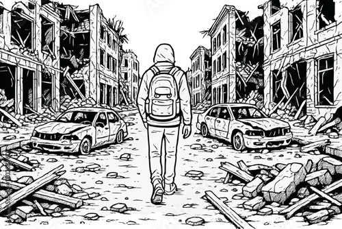Urban Ruins Survivor. Ruined city street with collapsed buildings, burned cars, and a lone survivor carrying a backpack, black and