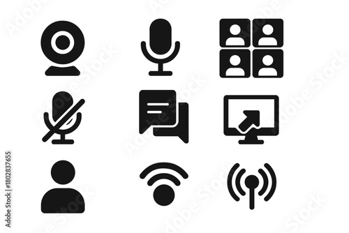 Video Conferencing Icons. Solid style icons of Video Conferencing: webcam, microphone, grid of faces, mute button, chat sidebar,