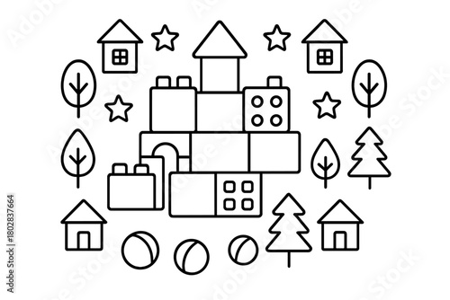Symmetrical Toy Wonderland. Building blocks in the center with toy houses, trees, balls, and stars radiating outward in symmetry,
