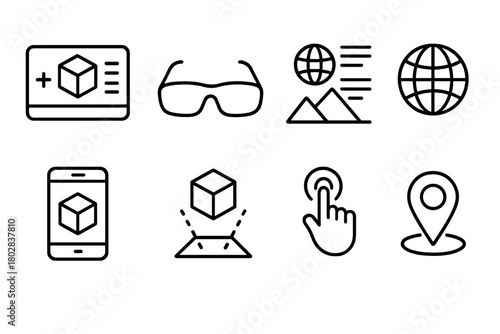 Augmented Reality Icons. Line style icons of Augmented Reality: AR Interface, Glasses, Overlay Data, Physical World, Smartphone,