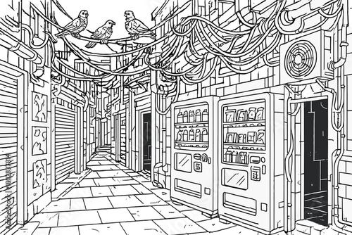 Cyberpunk Alley Scene. Cyberpunk alley with vending machines, neon cables, old posters, and robotic pigeons on wires, black and