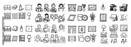 Cozy home activities and decor icons