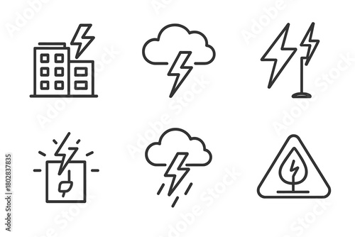 Lightning City Icons. Line style icons of Lightning Over City: Building, Bolt, Thundercloud, Rod, Power Surge, Rain, Tree, Warning