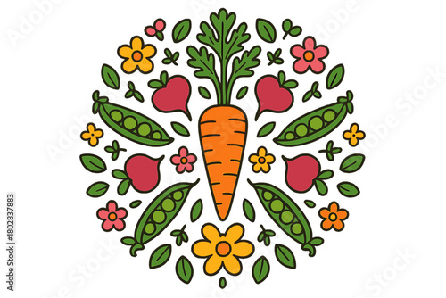 Vegetable Mandala Art. Carrot in the center with leaves, radishes, peas, and flowers arranged in a circular mandala pattern,