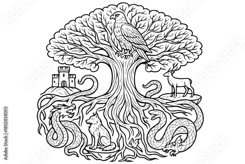 Yggdrasil Mystical Illustration. World Tree Yggdrasil with roots wrapping around realms, serpents, eagles, and mystical creatures,
