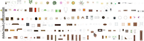 A vast top-down vector set of interior design accessories, plants, and decorative objects for detailed architectural floor plans and layouts.