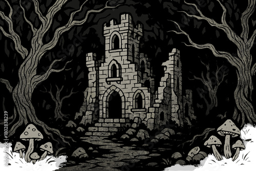 Enchanted Castle Ruins. Ancient ruined castle in a dark forest with twisted trees, glowing mushrooms, and mysterious shadows,