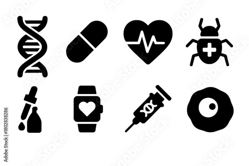 Life Extension Symbols. Solid style icons of Life Extension: DNA helix, longevity pill, heart monitor, medical nanobot, anti-aging