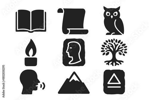 Wisdom Symbols Icons. Solid style icons of wisdom: open book, scroll, owl, candle flame, stone carving, tree of life, speaking