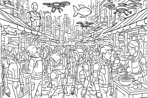 Cyberpunk Marketplace Scene. Crowded cyberpunk marketplace with holograms, food stalls, drones flying above, and people in