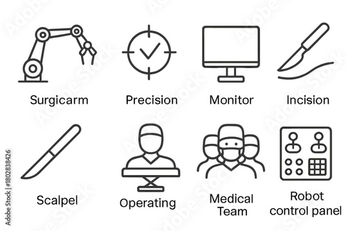 Robotic Surgery Icons. Line style icons of Robotic Surgery: Surgical Arm, Precision, Monitor, Incision, Scalpel, Operating Table,