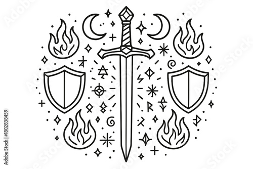 Enchanted Sword Symphony. Enchanted sword in the center with shields, flames, moons, and magical runes radiating outward in