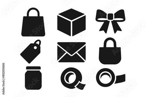 Eco Packaging Icons. Solid style icons of eco packaging: paper bag, cardboard box, ribbon, tag, envelope, reusable bag, jar, tape