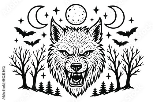 Werewolf Symmetry Art. Werewolf face in the center with moons, trees, bats, and stars arranged in dark fantasy symmetry, black and