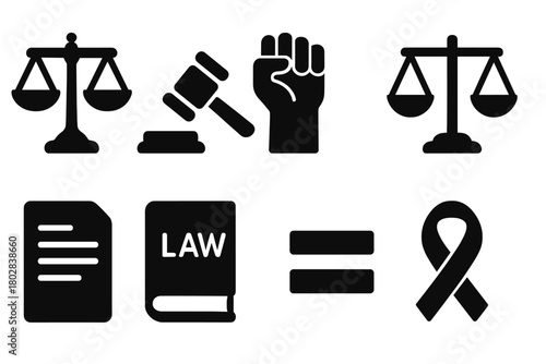 Civil Rights Icons. Solid style icons of civil rights: scales, gavel, raised fist, balance, document, law book, equality sign,