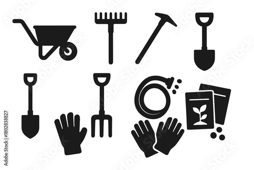 Shared Garden Tools Icons. Solid style icons of shared garden tools: wheelbarrow, rake, hoe, spade, garden fork, watering hose,