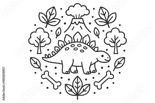 Stegosaurus Mandala Design. Stegosaurus in the center with leaves, trees, volcano smoke, and bones forming a balanced mandala