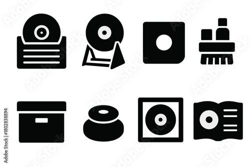 Collectors Accessories Icons. Solid style icons of Collectors Accessories: album crate, record stand, protective sleeve, cleaning