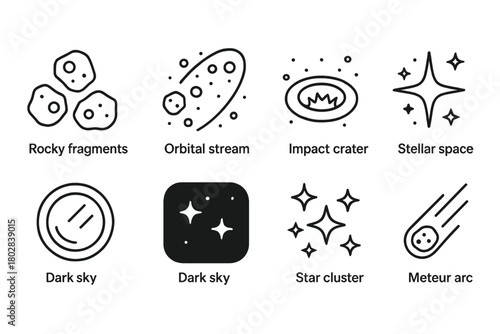 Asteroid Belt Icons. Line style icons of Asteroid Belt: Rocky Fragments, Orbital Stream, Impact Crater, Stellar Space, Telescope