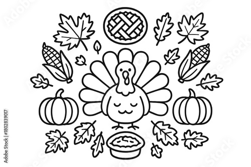 Thanksgiving Symmetry Illustration. Turkey in the center with autumn leaves, pumpkins, corn, and pies radiating outward in