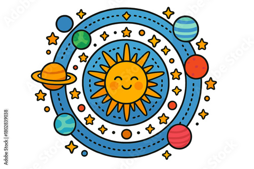 Celestial Mandala Symmetry. Sun in the center with rays, orbits, planets, and stars radiating outward in celestial mandala