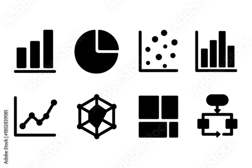 Data Visualization Icons. Solid style icons of Data Visualization: bar chart, pie chart, scatter plot, histogram, line graph,