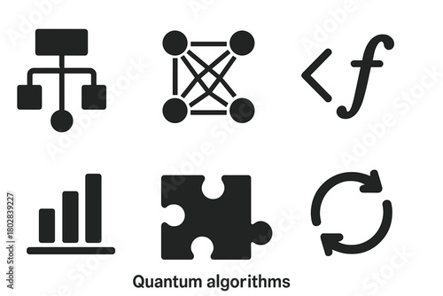 Quantum Algorithm Icons. Solid style icons of quantum algorithms: flowchart, neural network, code brackets, function symbol, bar