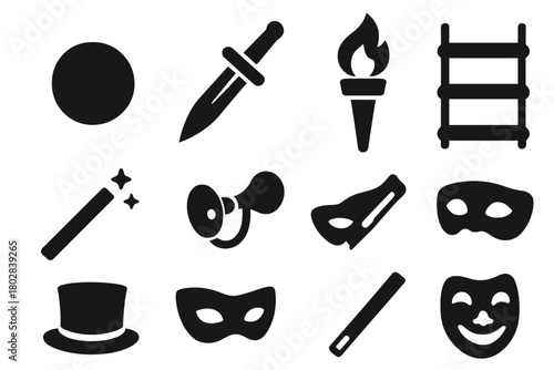 Performance Prop Icons. Solid style icons of Performance Props: juggling ball, stage dagger, torch, magic wand, clown horn, rope