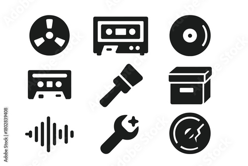 Audio Preservation Icons. Solid style icons of Audio Preservation: reel tape, cassette deck, vinyl record, DAT tape, cleaning