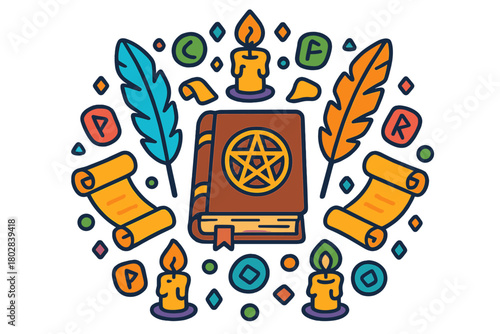 Mystical Mandala Illustration. Ancient spellbook in the center with quills, scrolls, candles, and runes forming a balanced mandala