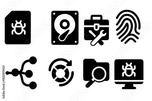 Digital Forensics Icons. Solid style icons of Digital Forensics: evidence file, hard disk, forensic toolkit, fingerprint mark,