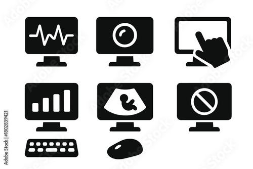 Surgical Monitor Icons. Solid style icons of surgical monitors: display screen, heart rate line, camera lens, touchscreen, data