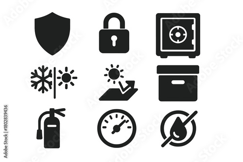 Preservation Icon Set. Solid style icons of preservation: shield, lock, safe box, climate control, UV filter, archive box, fire