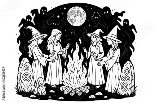 Witches' Midnight Ritual. Circle of witches around a bonfire with shadow spirits, carved stones, and moonlit sky, black and white