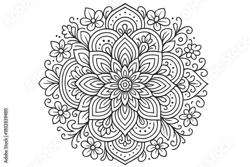 Intricate Floral Mandala. Intricate mandala with floral and geometric patterns, detailed petals, circles, and abstract lines,