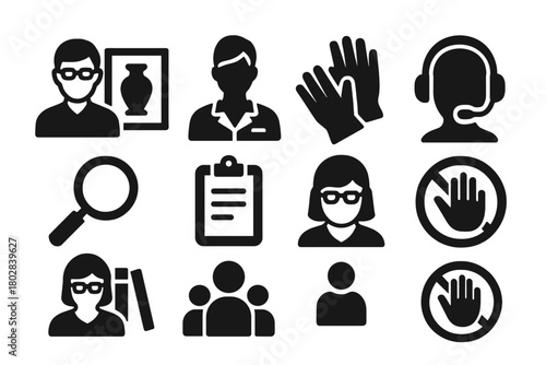 Museum Professional Icons. Solid style icons of museum professionals: curator, lab coat figure, gloves, magnifying glass,